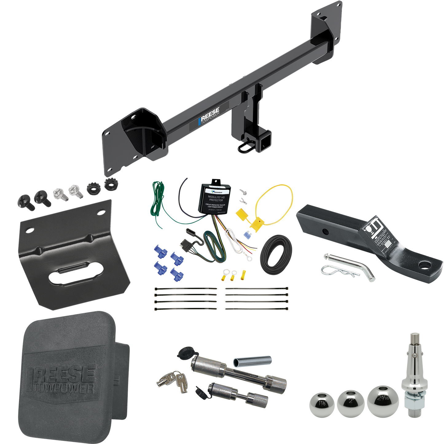 Fits 2016-2023 Tesla X Trailer Hitch Tow PKG w/ 4-Flat Wiring + Ball Mount w/ 2" Drop + Interchangeable Ball 1-7/8" & 2" & 2-5/16" + Wiring Bracket + Dual Hitch & Coupler Locks + Hitch Cover By Reese Towpower