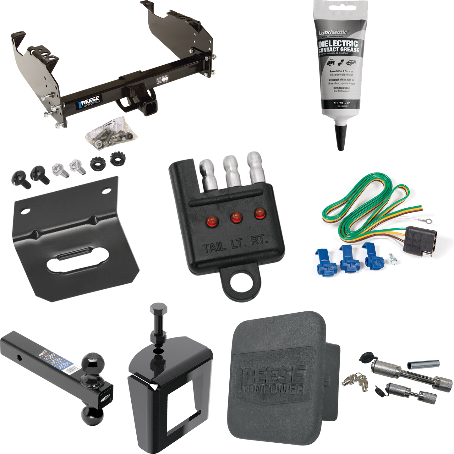 Fits 2011-2012 RAM 5500 Trailer Hitch Tow PKG w/ 4-Flat Wiring Harness + Dual Ball Ball Mount 2" & 2-5/16" Trailer Balls + Dual Hitch & Coupler Locks + Hitch Cover + Wiring Bracket + Wiring Tester + Electric Grease + Anti Rattle Device (For Cab & Cha