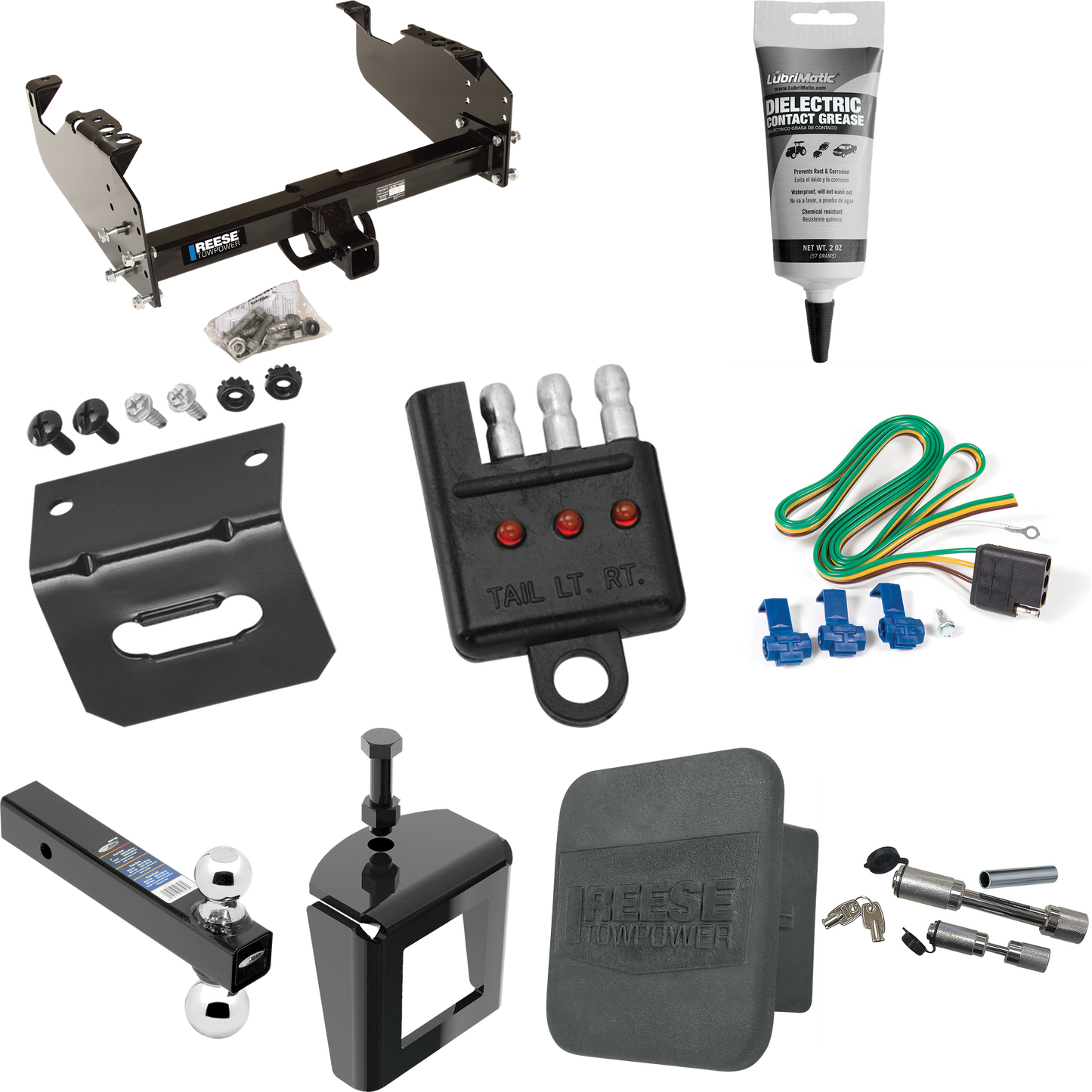 Fits 1999-2020 Ford F-350 Super Duty Trailer Hitch Tow PKG w/ 4-Flat Wiring Harness + Dual Ball Ball Mount 2" & 2-5/16" Trailer Balls + Dual Hitch & Coupler Locks + Hitch Cover + Wiring Bracket + Wiring Tester + Electric Grease + Anti Rattle Device (