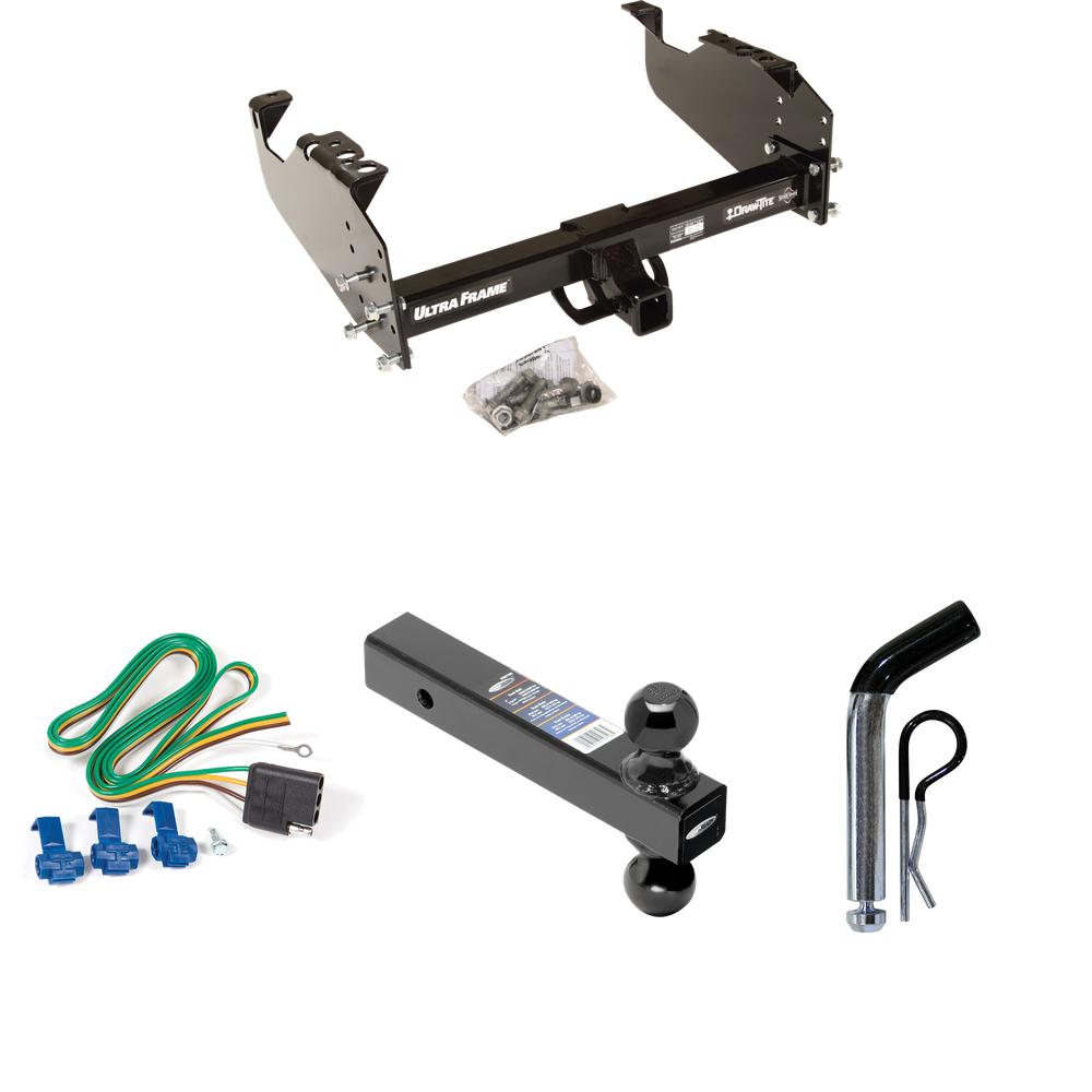 Fits 1999-2009 GMC C6500 Topkick Trailer Hitch Tow PKG w/ 4-Flat Wiring Harness + Dual Ball Ball Mount 2" & 2-5/16" Trailer Balls + Pin/Clip (For Cab & Chassis, w/34" Wide Frames Models) By Draw-Tite