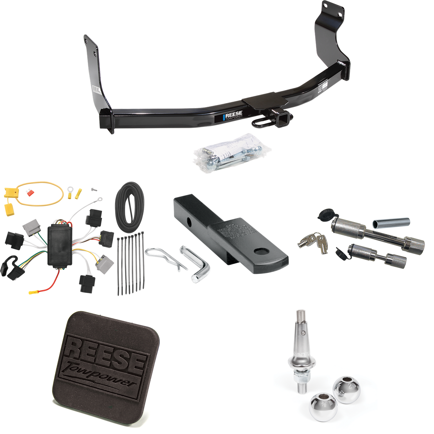 Fits 2005-2007 Ford Escape Trailer Hitch Tow PKG w/ 4-Flat Wiring Harness + Draw-Bar + Interchangeable 1-7/8" & 2" Balls + Hitch Cover + Dual Hitch & Coupler Locks By Reese Towpower