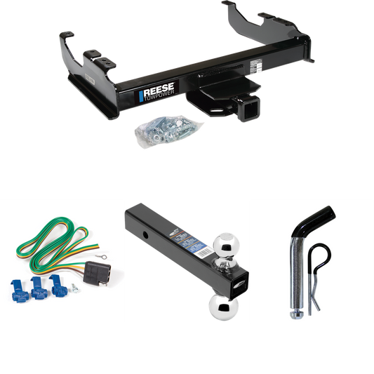 Fits 1985-1986 Chevrolet K20 Trailer Hitch Tow PKG w/ 4-Flat Wiring Harness + Dual Ball Ball Mount 2" & 2-5/16" Trailer Balls + Pin/Clip (For w/34" Wide Frames Models) By Reese Towpower