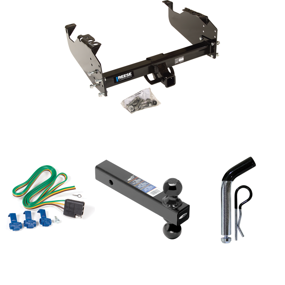 Fits 2003-2009 Chevrolet C5500 Kodiak Trailer Hitch Tow PKG w/ 4-Flat Wiring Harness + Dual Ball Ball Mount 2" & 2-5/16" Trailer Balls + Pin/Clip (For Cab & Chassis, w/34" Wide Frames Models) By Reese Towpower