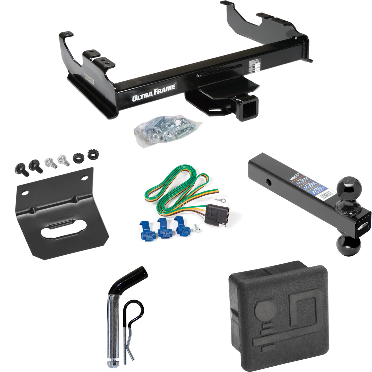 Fits 1963-1972 Chevrolet C20 Trailer Hitch Tow PKG w/ 4-Flat Wiring Harness + Dual Ball Ball Mount 2" & 2-5/16" Trailer Balls + Pin/Clip + Hitch Cover + Wiring Bracket By Draw-Tite