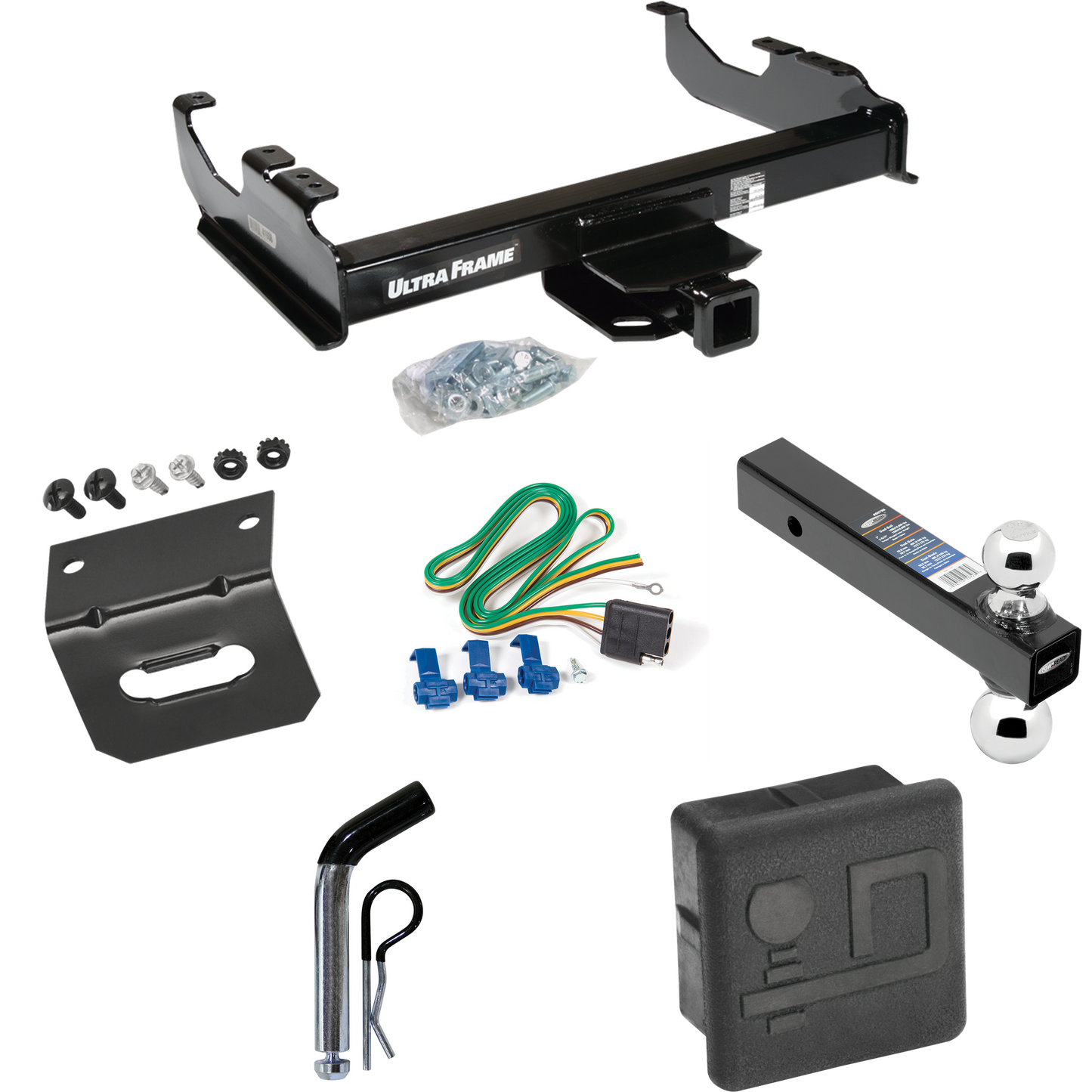 Fits 1985-1986 Chevrolet C10 Trailer Hitch Tow PKG w/ 4-Flat Wiring Harness + Dual Ball Ball Mount 2" & 2-5/16" Trailer Balls + Pin/Clip + Hitch Cover + Wiring Bracket (For w/34" Wide Frames Models) By Draw-Tite