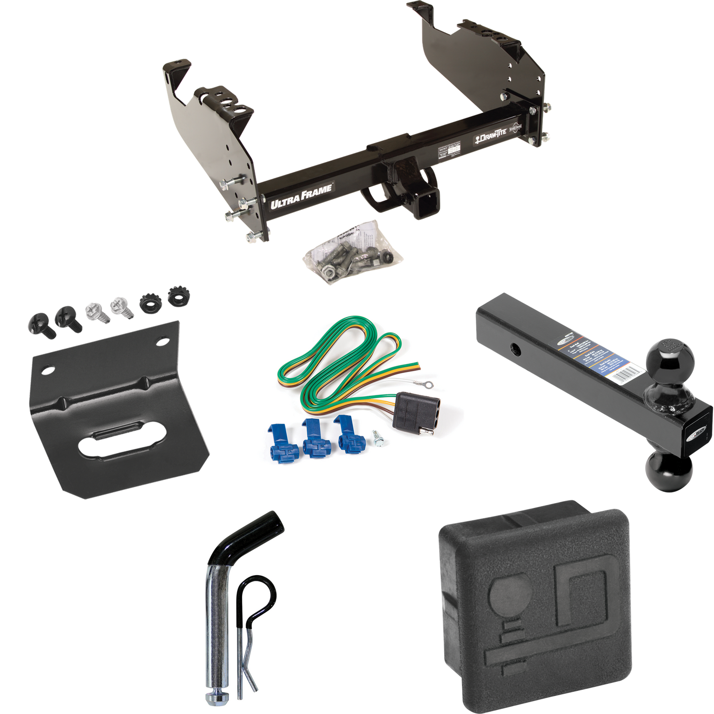 Fits 1988-2000 GMC K3500 Trailer Hitch Tow PKG w/ 4-Flat Wiring Harness + Dual Ball Ball Mount 2" & 2-5/16" Trailer Balls + Pin/Clip + Hitch Cover + Wiring Bracket (For w/34" Wide Frames Models) By Draw-Tite