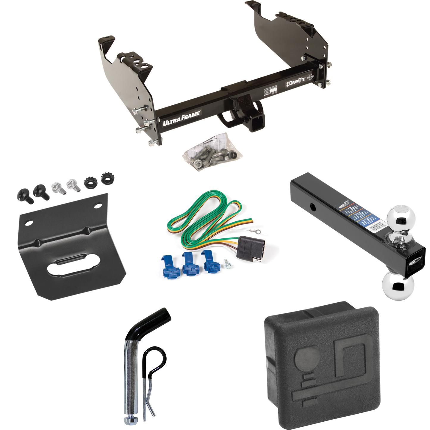 Fits 1999-2020 Ford F-350 Super Duty Trailer Hitch Tow PKG w/ 4-Flat Wiring Harness + Dual Ball Ball Mount 2" & 2-5/16" Trailer Balls + Pin/Clip + Hitch Cover + Wiring Bracket (For Cab & Chassis, w/34" Wide Frames Models) By Draw-Tite