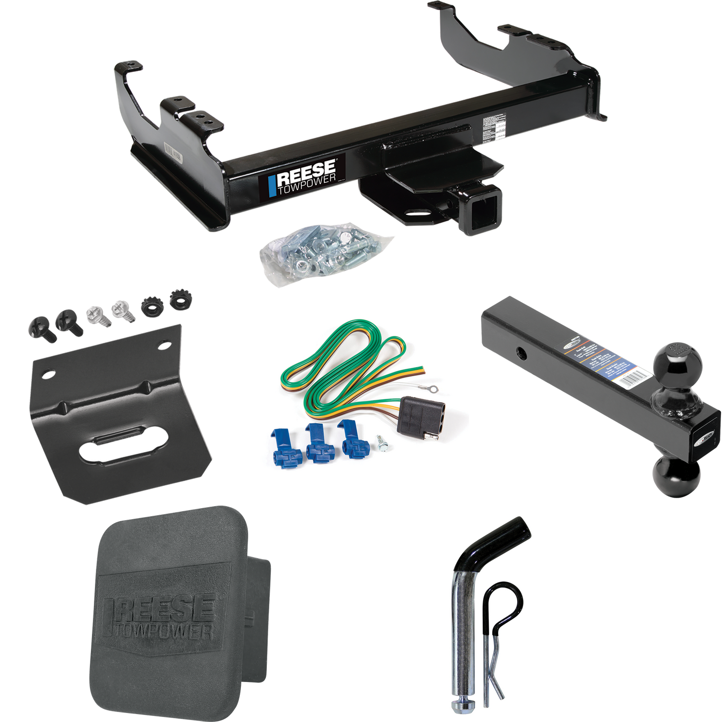 Fits 1985-1986 Chevrolet K30 Trailer Hitch Tow PKG w/ 4-Flat Wiring Harness + Dual Ball Ball Mount 2" & 2-5/16" Trailer Balls + Pin/Clip + Hitch Cover + Wiring Bracket (For w/34" Wide Frames Models) By Reese Towpower