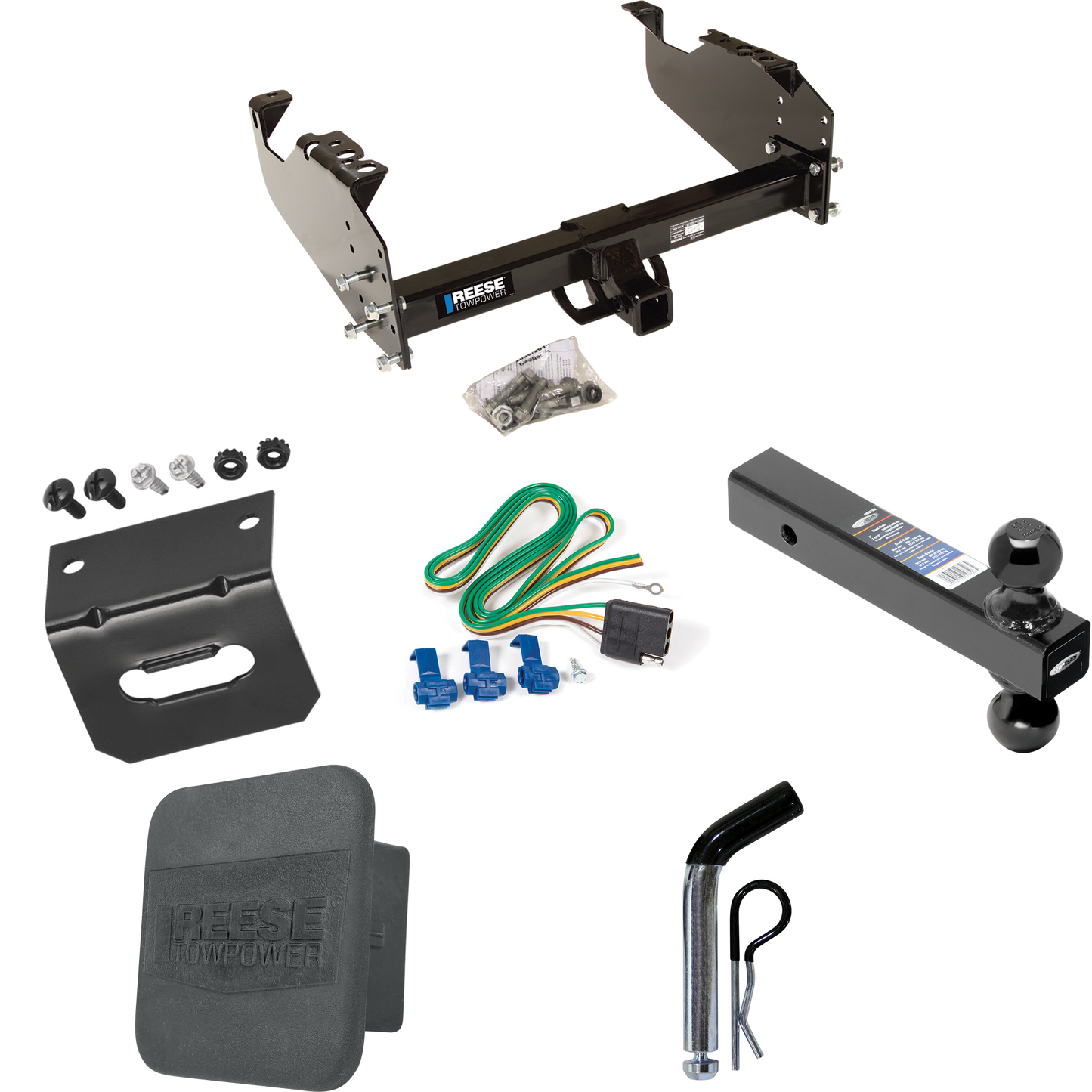 Fits 1988-2000 GMC K2500 Trailer Hitch Tow PKG w/ 4-Flat Wiring Harness + Dual Ball Ball Mount 2" & 2-5/16" Trailer Balls + Pin/Clip + Hitch Cover + Wiring Bracket (For w/34" Wide Frames Models) By Reese Towpower