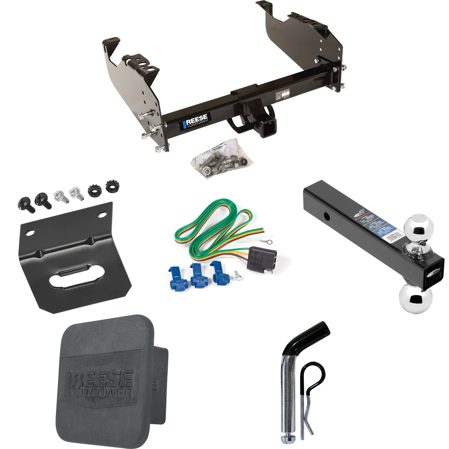 Fits 1999-2023 Ford F-450 Super Duty Trailer Hitch Tow PKG w/ 4-Flat Wiring Harness + Dual Ball Ball Mount 2" & 2-5/16" Trailer Balls + Pin/Clip + Hitch Cover + Wiring Bracket (For Cab & Chassis, w/34" Wide Frames Models) By Reese Towpower