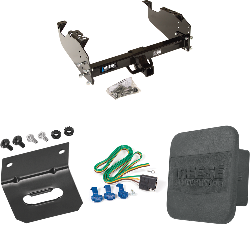 Fits 1999-2009 Chevrolet C8500 Kodiak Trailer Hitch Tow PKG w/ 4-Flat Wiring Harness + Hitch Cover + Wiring Bracket (For Cab & Chassis, w/34" Wide Frames Models) By Reese Towpower