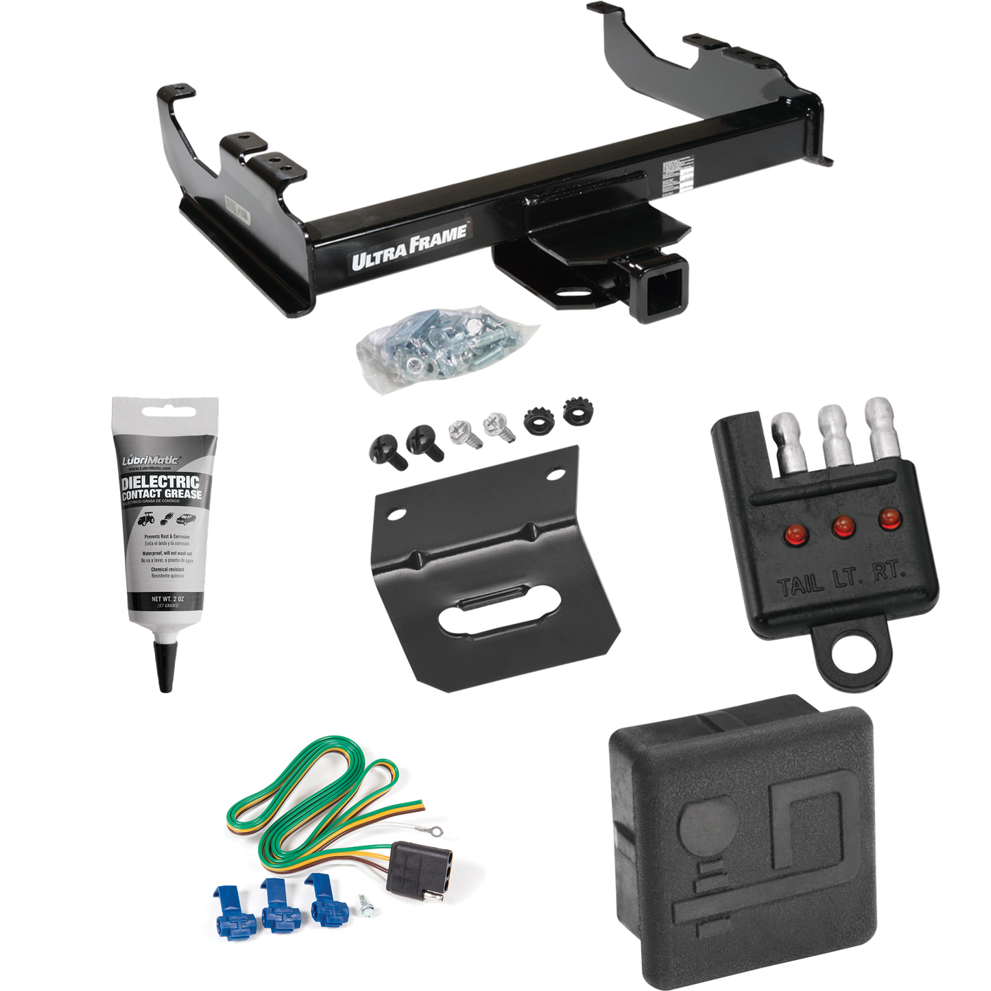 Fits 1985-1986 Chevrolet C20 Trailer Hitch Tow PKG w/ 4-Flat Wiring Harness + Hitch Cover + Wiring Bracket + Wiring Tester + Electric Grease (For w/34" Wide Frames Models) By Draw-Tite