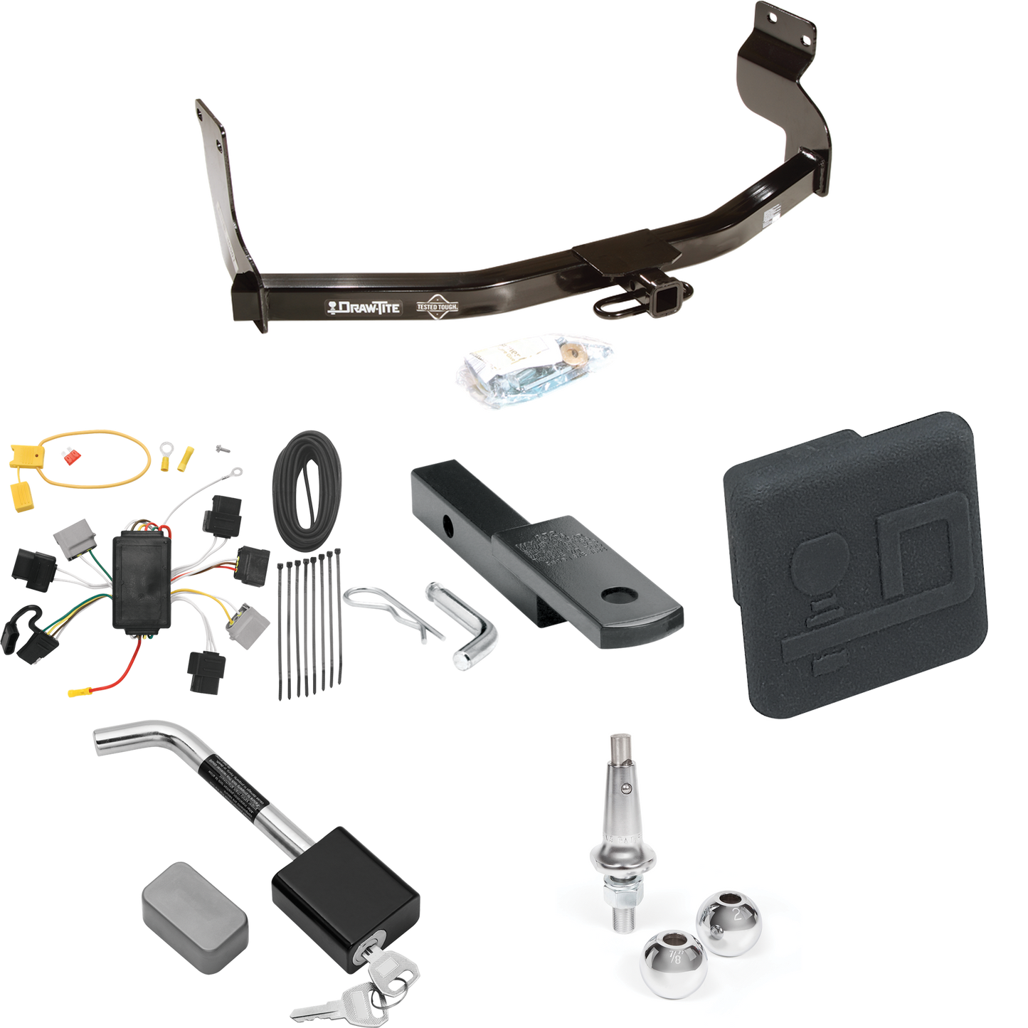 Fits 2005-2007 Ford Escape Trailer Hitch Tow PKG w/ 4-Flat Wiring Harness + Draw-Bar + Interchangeable 1-7/8" & 2" Balls + Hitch Cover + Hitch Lock By Draw-Tite