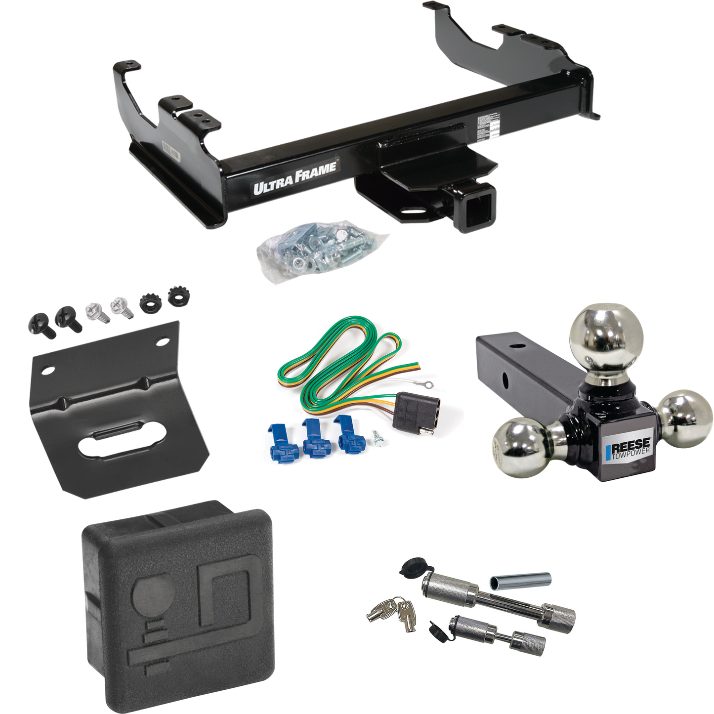 Fits 1985-1999 GMC C1500 Trailer Hitch Tow PKG w/ 4-Flat Wiring Harness + Triple Ball Ball Mount 1-7/8" & 2" & 2-5/16" Trailer Balls + Dual Hitch & Coupler Locks + Hitch Cover + Wiring Bracket (For w/34" Wide Frames Models) By Draw-Tite