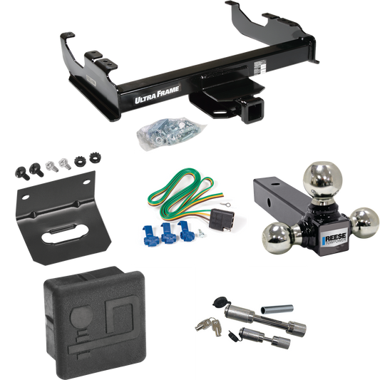 Fits 1985-1999 GMC C1500 Trailer Hitch Tow PKG w/ 4-Flat Wiring Harness + Triple Ball Ball Mount 1-7/8" & 2" & 2-5/16" Trailer Balls + Dual Hitch & Coupler Locks + Hitch Cover + Wiring Bracket (For w/34" Wide Frames Models) By Draw-Tite