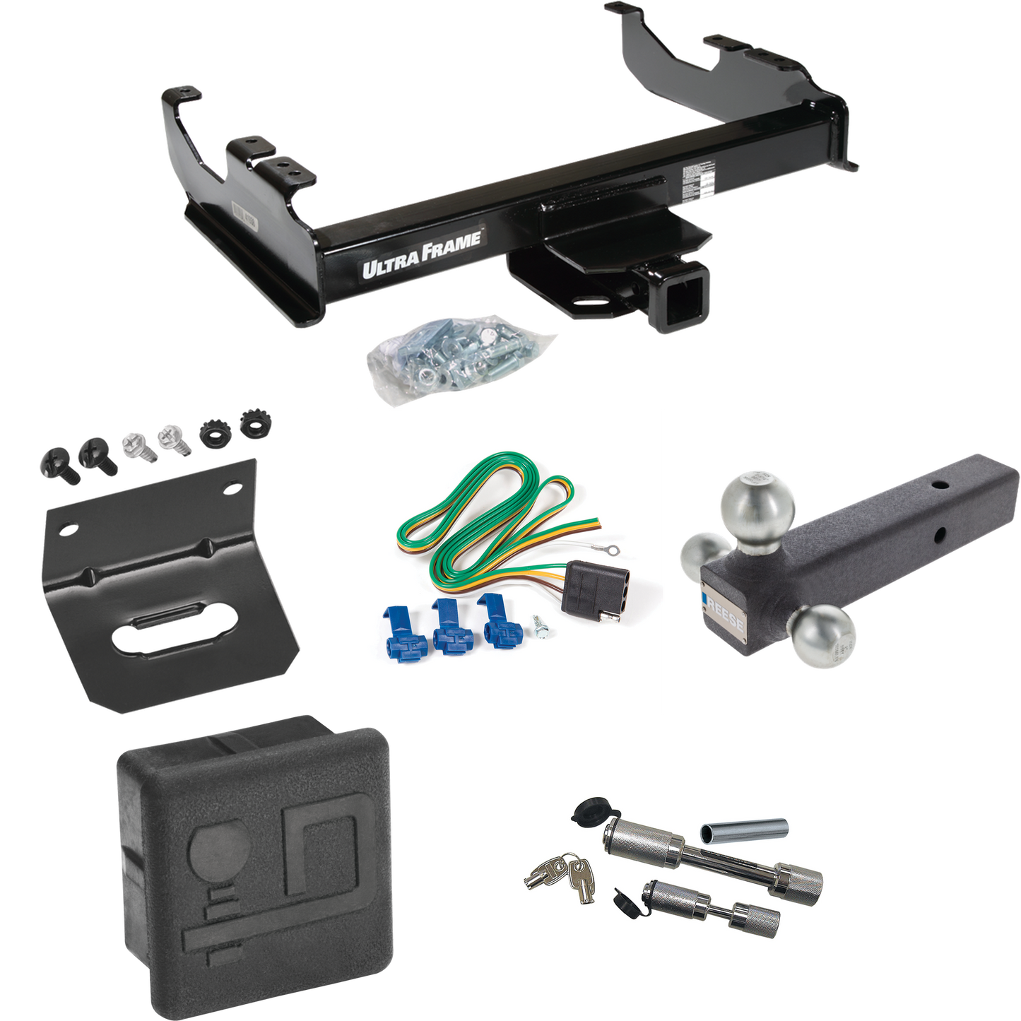 Fits 1963-1972 Chevrolet K10 Trailer Hitch Tow PKG w/ 4-Flat Wiring Harness + Triple Ball Ball Mount 1-7/8" & 2" & 2-5/16" Trailer Balls + Dual Hitch & Coupler Locks + Hitch Cover + Wiring Bracket By Draw-Tite