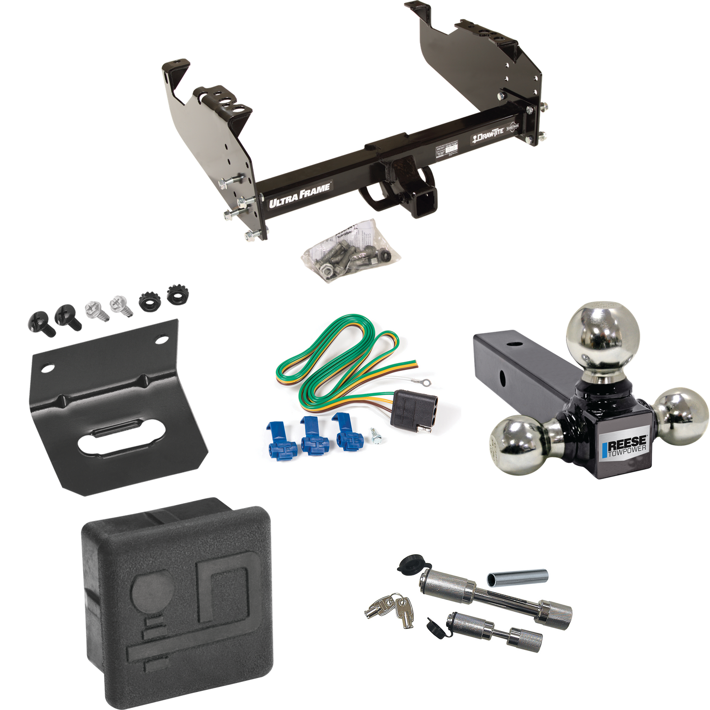 Fits 1999-2009 GMC C6500 Topkick Trailer Hitch Tow PKG w/ 4-Flat Wiring Harness + Triple Ball Ball Mount 1-7/8" & 2" & 2-5/16" Trailer Balls + Dual Hitch & Coupler Locks + Hitch Cover + Wiring Bracket (For Cab & Chassis, w/34" Wide Frames Models) By