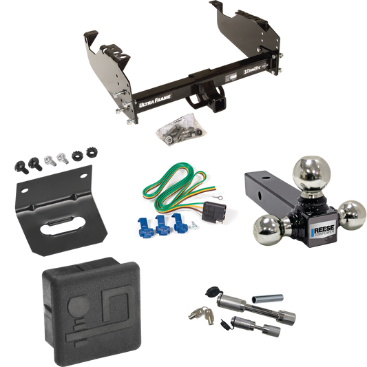 Fits 1999-2009 GMC C6500 Topkick Trailer Hitch Tow PKG w/ 4-Flat Wiring Harness + Triple Ball Ball Mount 1-7/8" & 2" & 2-5/16" Trailer Balls + Dual Hitch & Coupler Locks + Hitch Cover + Wiring Bracket (For Cab & Chassis, w/34" Wide Frames Models) By