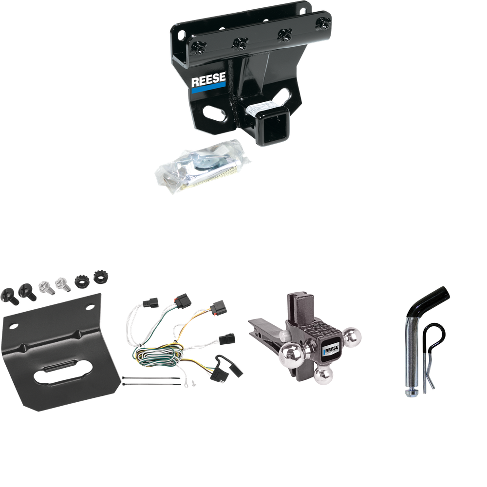 Fits 2007-2010 Jeep Grand Cherokee Trailer Hitch Tow PKG w/ 4-Flat Wiring Harness + Adjustable Drop Rise Triple Ball Ball Mount 1-7/8" & 2" & 2-5/16" Trailer Balls + Pin/Clip + Wiring Bracket (Excludes: SRT-8 Models) By Reese Towpower