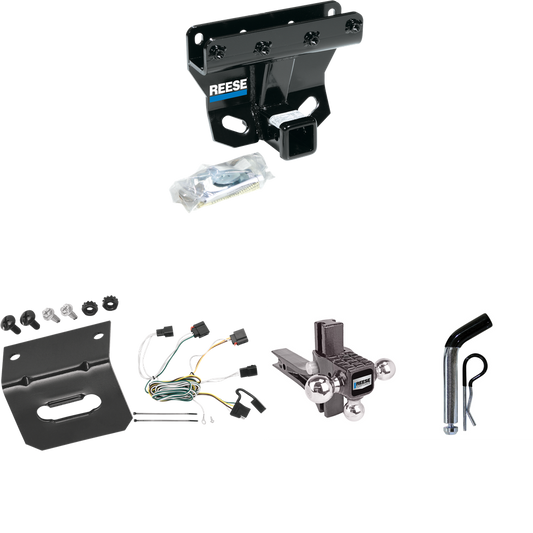 Fits 2007-2010 Jeep Grand Cherokee Trailer Hitch Tow PKG w/ 4-Flat Wiring Harness + Adjustable Drop Rise Triple Ball Ball Mount 1-7/8" & 2" & 2-5/16" Trailer Balls + Pin/Clip + Wiring Bracket (Excludes: SRT-8 Models) By Reese Towpower