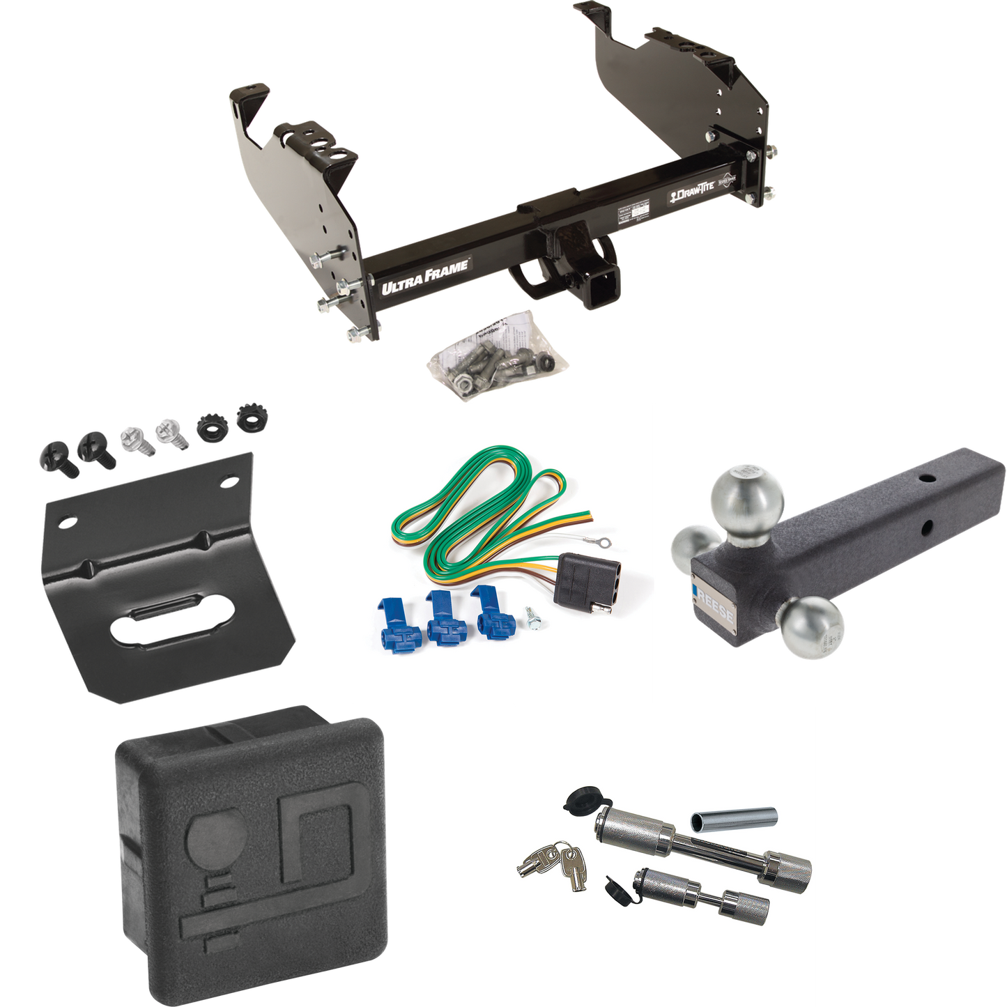 Fits 1985-1999 GMC C1500 Trailer Hitch Tow PKG w/ 4-Flat Wiring Harness + Triple Ball Ball Mount 1-7/8" & 2" & 2-5/16" Trailer Balls + Dual Hitch & Coupler Locks + Hitch Cover + Wiring Bracket (For w/34" Wide Frames Models) By Draw-Tite