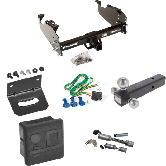 Fits 1985-1999 GMC C1500 Trailer Hitch Tow PKG w/ 4-Flat Wiring Harness + Triple Ball Ball Mount 1-7/8" & 2" & 2-5/16" Trailer Balls + Dual Hitch & Coupler Locks + Hitch Cover + Wiring Bracket (For w/34" Wide Frames Models) By Draw-Tite