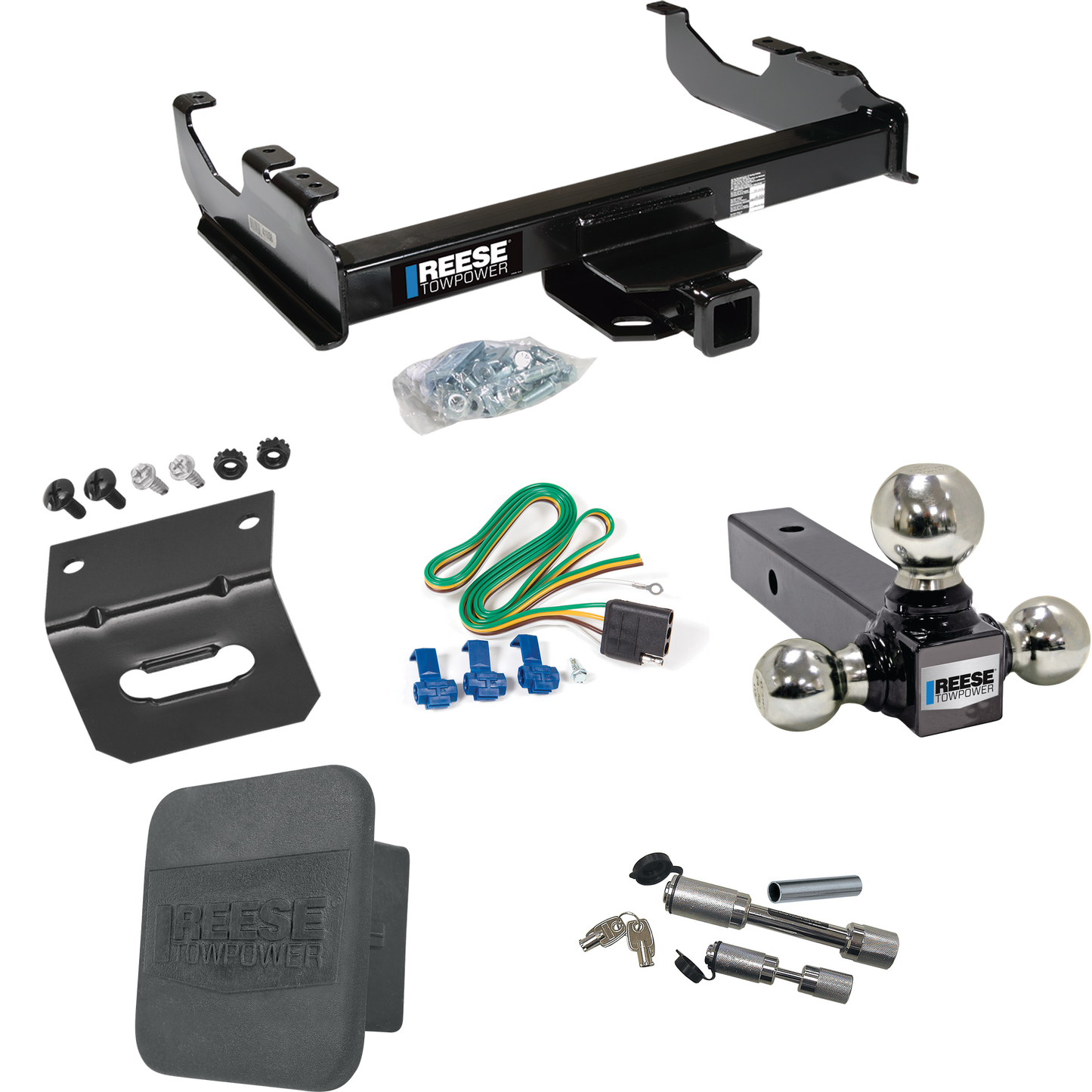 Fits 1985-2000 GMC C2500 Trailer Hitch Tow PKG w/ 4-Flat Wiring Harness + Triple Ball Ball Mount 1-7/8" & 2" & 2-5/16" Trailer Balls + Dual Hitch & Coupler Locks + Hitch Cover + Wiring Bracket (For w/34" Wide Frames Models) By Reese Towpower