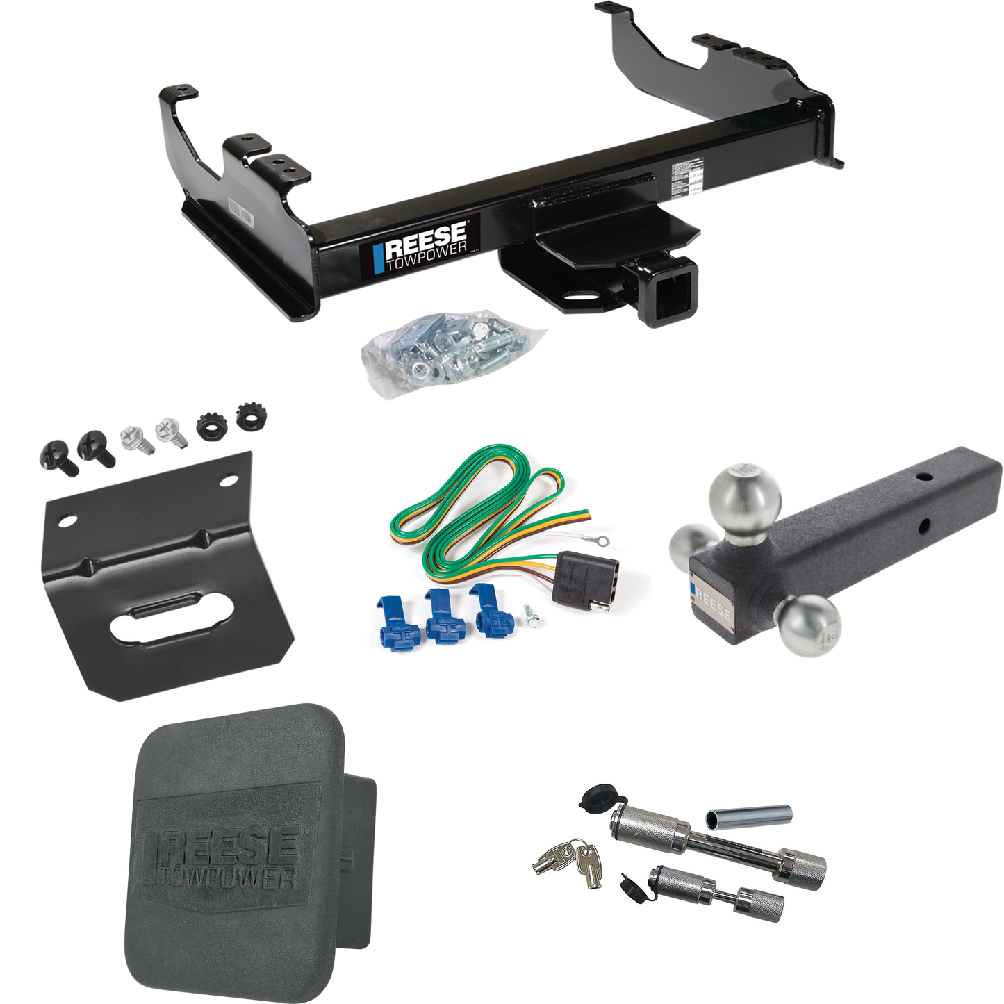 Fits 1988-1999 GMC K1500 Trailer Hitch Tow PKG w/ 4-Flat Wiring Harness + Triple Ball Ball Mount 1-7/8" & 2" & 2-5/16" Trailer Balls + Dual Hitch & Coupler Locks + Hitch Cover + Wiring Bracket (For w/34" Wide Frames Models) By Reese Towpower