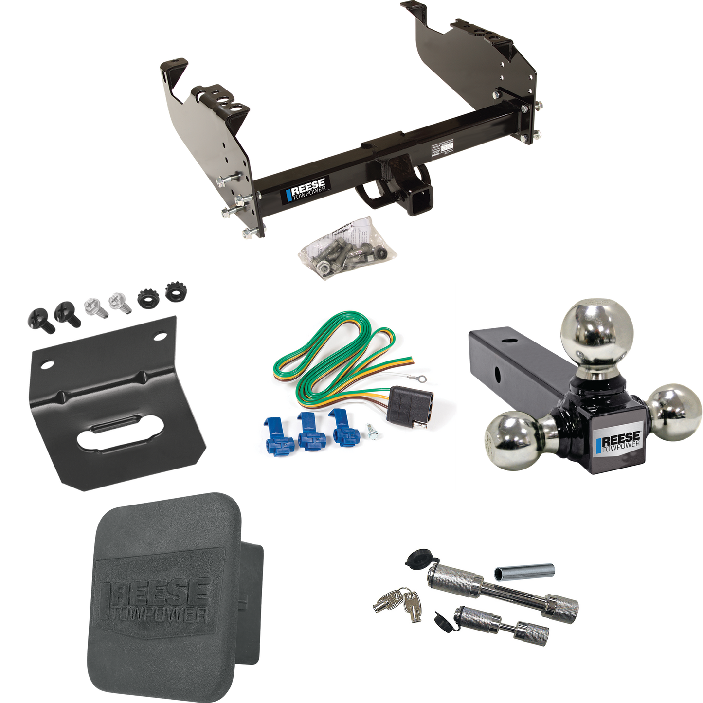 Fits 1963-1972 Chevrolet C10 Trailer Hitch Tow PKG w/ 4-Flat Wiring Harness + Triple Ball Ball Mount 1-7/8" & 2" & 2-5/16" Trailer Balls + Dual Hitch & Coupler Locks + Hitch Cover + Wiring Bracket By Reese Towpower