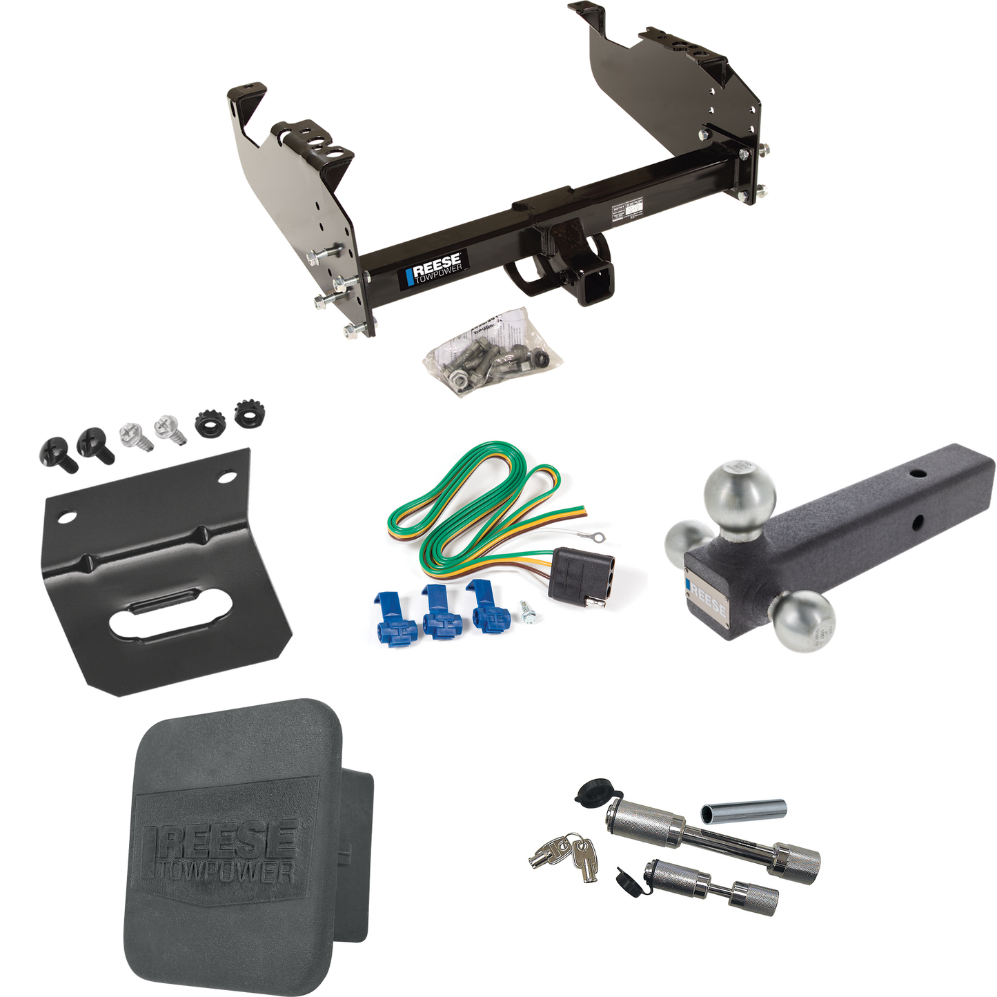 Fits 1967-1974 GMC C15/C1500 Trailer Hitch Tow PKG w/ 4-Flat Wiring Harness + Triple Ball Ball Mount 1-7/8" & 2" & 2-5/16" Trailer Balls + Dual Hitch & Coupler Locks + Hitch Cover + Wiring Bracket By Reese Towpower