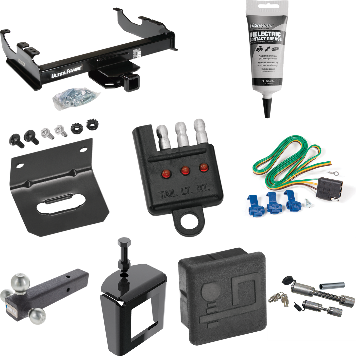 Fits 1988-1999 GMC K1500 Trailer Hitch Tow PKG w/ 4-Flat Wiring Harness + Triple Ball Ball Mount 1-7/8" & 2" & 2-5/16" Trailer Balls + Dual Hitch & Coupler Locks + Hitch Cover + Wiring Bracket + Wiring Tester + Electric Grease + Anti Rattle Device (F