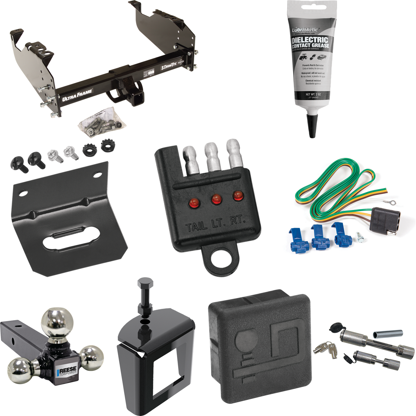 Fits 1999-2020 Ford F-350 Super Duty Trailer Hitch Tow PKG w/ 4-Flat Wiring Harness + Triple Ball Ball Mount 1-7/8" & 2" & 2-5/16" Trailer Balls + Dual Hitch & Coupler Locks + Hitch Cover + Wiring Bracket + Wiring Tester + Electric Grease + Anti Ratt