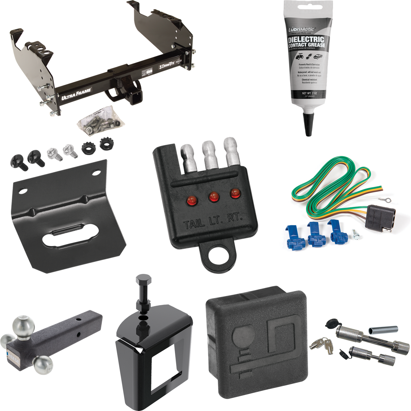 Fits 1999-2009 Chevrolet C6500 Kodiak Trailer Hitch Tow PKG w/ 4-Flat Wiring Harness + Triple Ball Ball Mount 1-7/8" & 2" & 2-5/16" Trailer Balls + Dual Hitch & Coupler Locks + Hitch Cover + Wiring Bracket + Wiring Tester + Electric Grease + Anti Rat