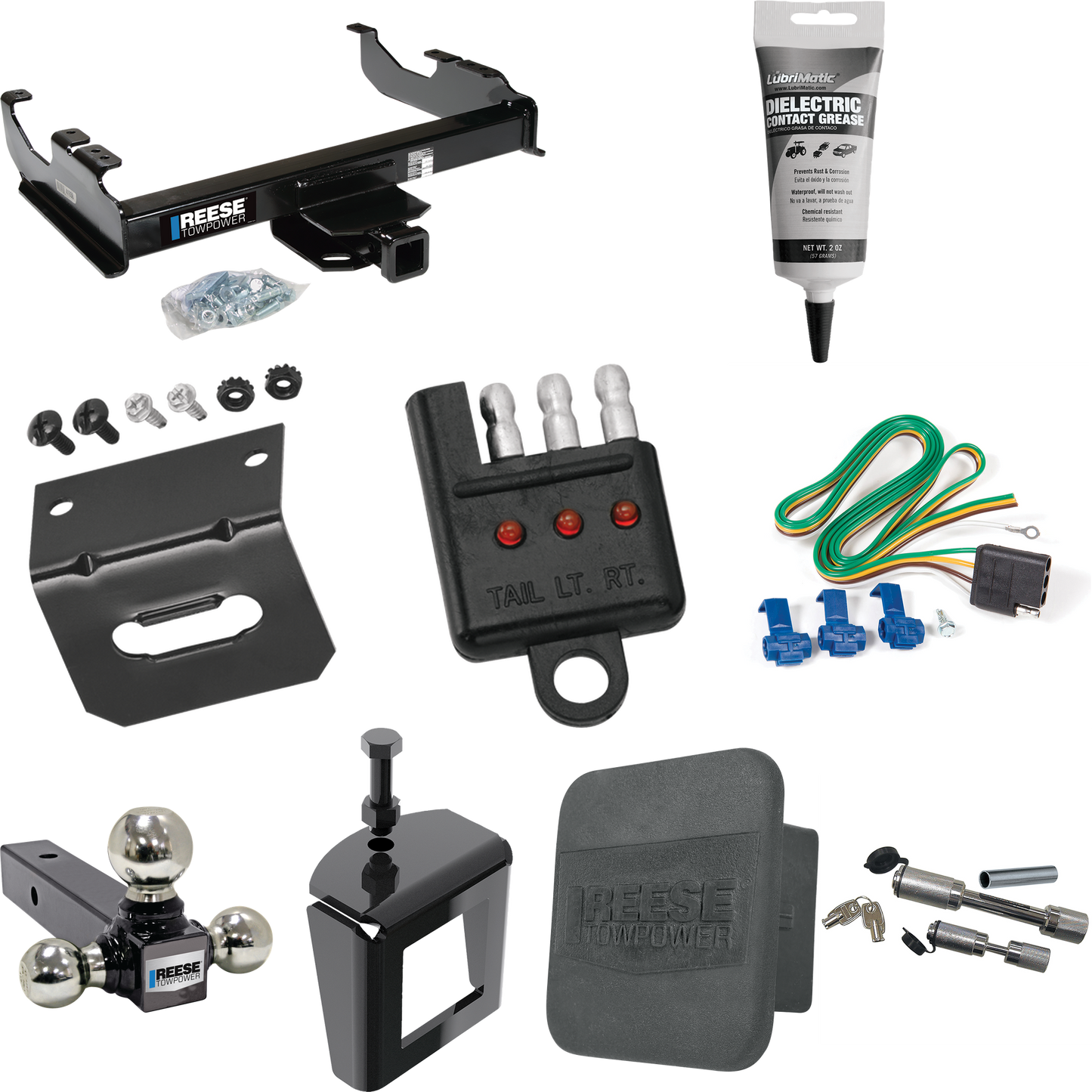 Fits 1985-1999 GMC C1500 Trailer Hitch Tow PKG w/ 4-Flat Wiring Harness + Triple Ball Ball Mount 1-7/8" & 2" & 2-5/16" Trailer Balls + Dual Hitch & Coupler Locks + Hitch Cover + Wiring Bracket + Wiring Tester + Electric Grease + Anti Rattle Device (F