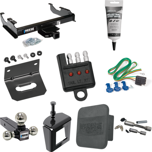 Fits 1985-1999 GMC C1500 Trailer Hitch Tow PKG w/ 4-Flat Wiring Harness + Triple Ball Ball Mount 1-7/8" & 2" & 2-5/16" Trailer Balls + Dual Hitch & Coupler Locks + Hitch Cover + Wiring Bracket + Wiring Tester + Electric Grease + Anti Rattle Device (F