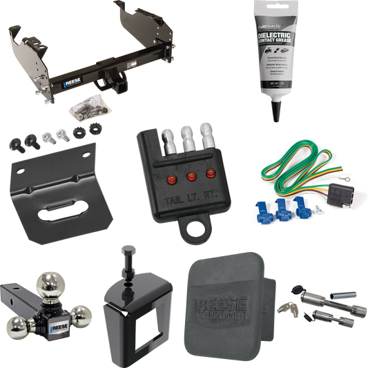 Fits 1999-2009 Chevrolet C7500 Kodiak Trailer Hitch Tow PKG w/ 4-Flat Wiring Harness + Triple Ball Ball Mount 1-7/8" & 2" & 2-5/16" Trailer Balls + Dual Hitch & Coupler Locks + Hitch Cover + Wiring Bracket + Wiring Tester + Electric Grease + Anti Rat