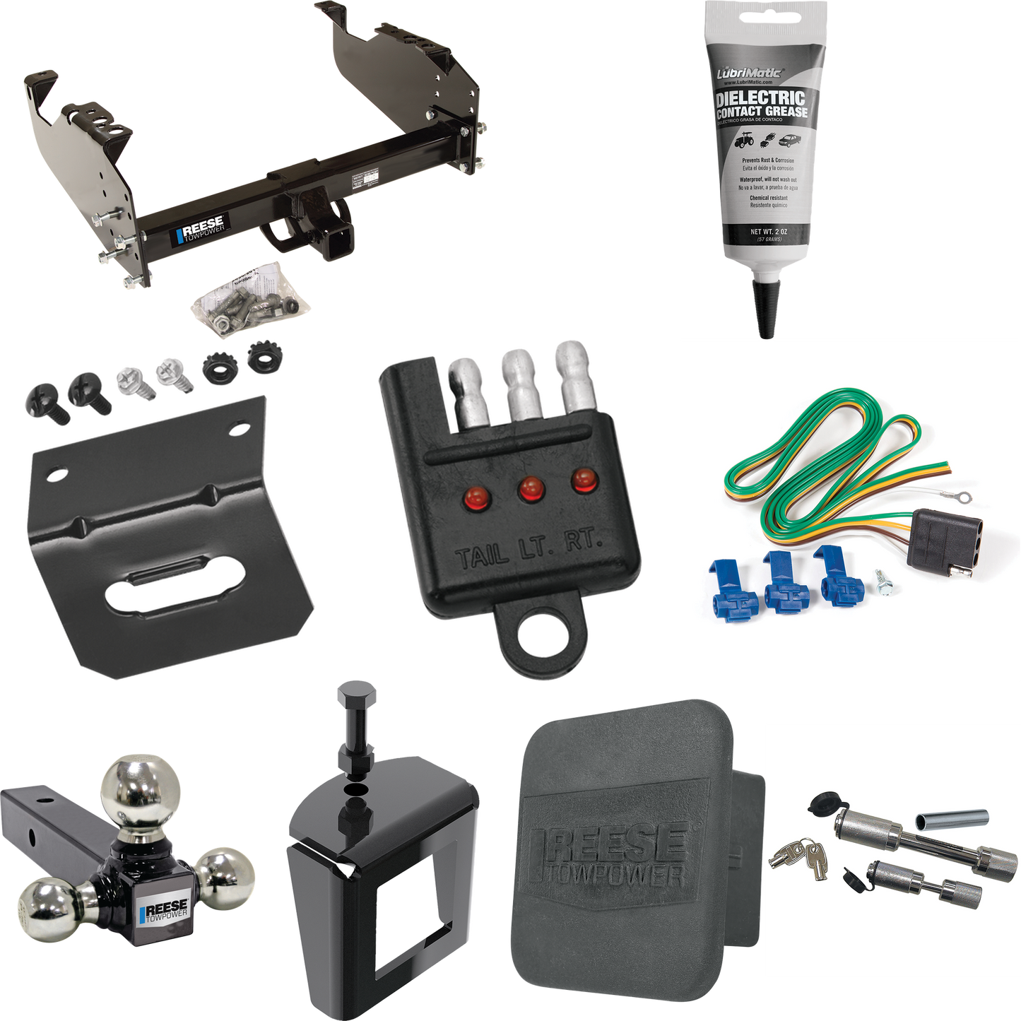 Fits 2003-2009 Chevrolet C5500 Kodiak Trailer Hitch Tow PKG w/ 4-Flat Wiring Harness + Triple Ball Ball Mount 1-7/8" & 2" & 2-5/16" Trailer Balls + Dual Hitch & Coupler Locks + Hitch Cover + Wiring Bracket + Wiring Tester + Electric Grease + Anti Rat