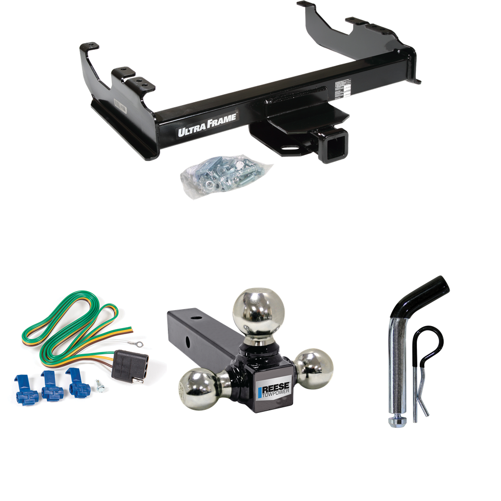 Fits 1985-1986 Chevrolet C10 Trailer Hitch Tow PKG w/ 4-Flat Wiring Harness + Triple Ball Ball Mount 1-7/8" & 2" & 2-5/16" Trailer Balls + Pin/Clip (For w/34" Wide Frames Models) By Draw-Tite