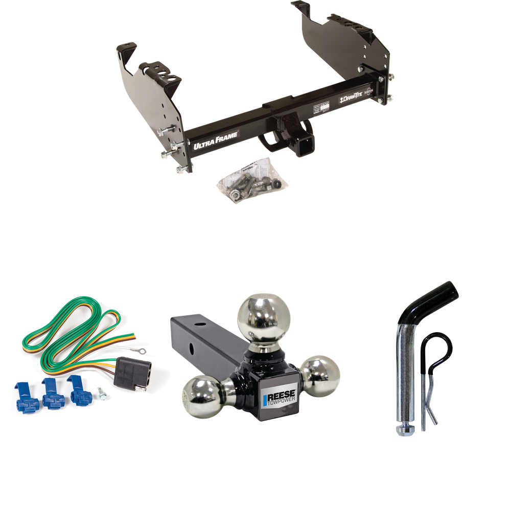 Fits 2003-2009 GMC C4500 Topkick Trailer Hitch Tow PKG w/ 4-Flat Wiring Harness + Triple Ball Ball Mount 1-7/8" & 2" & 2-5/16" Trailer Balls + Pin/Clip (For Cab & Chassis, w/34" Wide Frames Models) By Draw-Tite