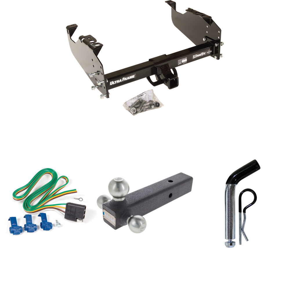 Fits 1999-2009 Chevrolet C6500 Kodiak Trailer Hitch Tow PKG w/ 4-Flat Wiring Harness + Triple Ball Ball Mount 1-7/8" & 2" & 2-5/16" Trailer Balls + Pin/Clip (For Cab & Chassis, w/34" Wide Frames Models) By Draw-Tite