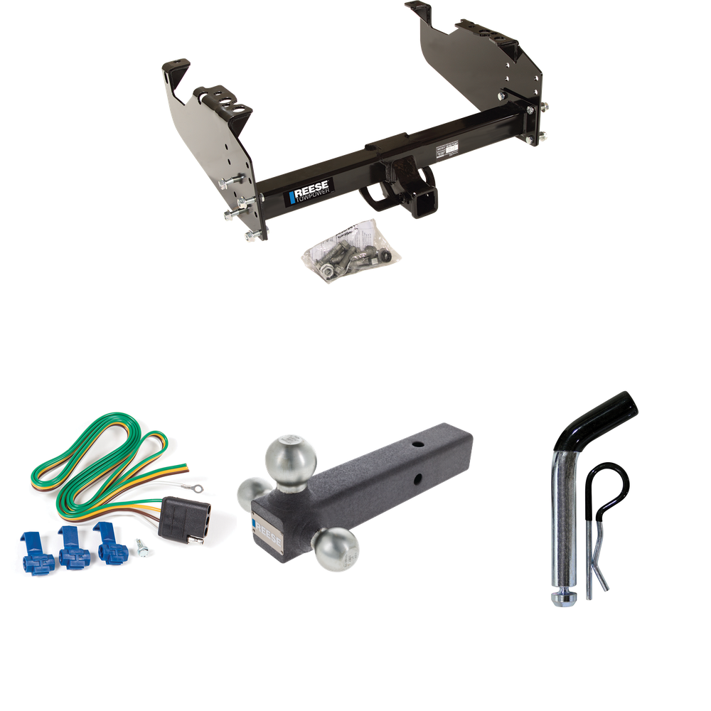 Fits 1985-1986 Chevrolet K10 Trailer Hitch Tow PKG w/ 4-Flat Wiring Harness + Triple Ball Ball Mount 1-7/8" & 2" & 2-5/16" Trailer Balls + Pin/Clip (For w/34" Wide Frames Models) By Reese Towpower