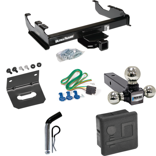 Fits 1988-1991 Chevrolet C2500 Trailer Hitch Tow PKG w/ 4-Flat Wiring Harness + Triple Ball Ball Mount 1-7/8" & 2" & 2-5/16" Trailer Balls + Pin/Clip + Hitch Cover + Wiring Bracket (For Crew Cab Models) By Draw-Tite