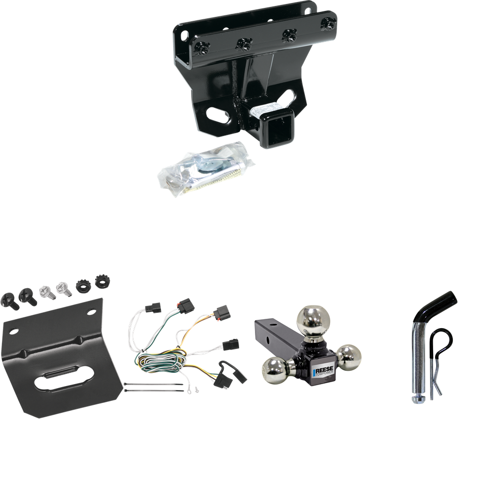 Fits 2007-2010 Jeep Grand Cherokee Trailer Hitch Tow PKG w/ 4-Flat Wiring Harness + Triple Ball Ball Mount 1-7/8" & 2" & 2-5/16" Trailer Balls + Pin/Clip + Wiring Bracket (Excludes: SRT-8 Models) By Draw-Tite