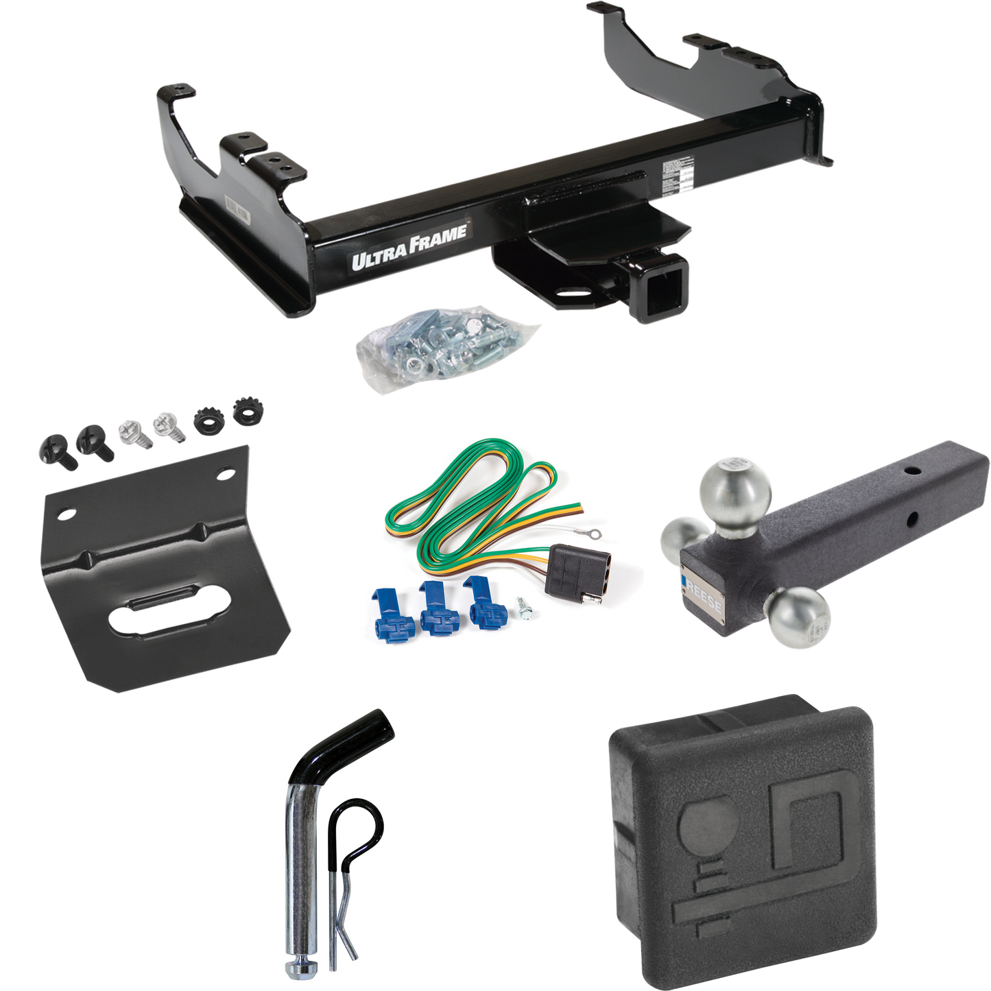 Fits 1985-1986 Chevrolet C20 Trailer Hitch Tow PKG w/ 4-Flat Wiring Harness + Triple Ball Ball Mount 1-7/8" & 2" & 2-5/16" Trailer Balls + Pin/Clip + Hitch Cover + Wiring Bracket (For w/34" Wide Frames Models) By Draw-Tite