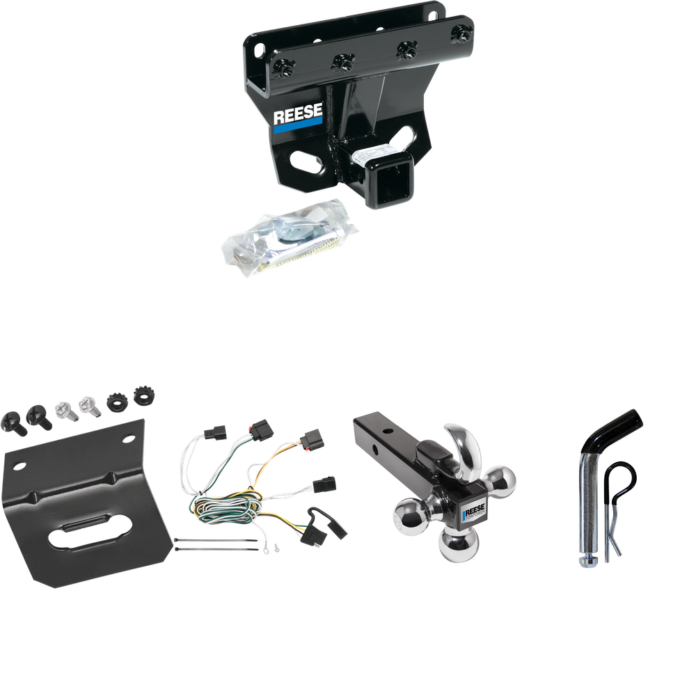 Fits 2007-2010 Jeep Grand Cherokee Trailer Hitch Tow PKG w/ 4-Flat Wiring Harness + Triple Ball Ball Mount 1-7/8" & 2" & 2-5/16" Trailer Balls w/ Tow Hook + Pin/Clip + Wiring Bracket (Excludes: SRT-8 Models) By Reese Towpower