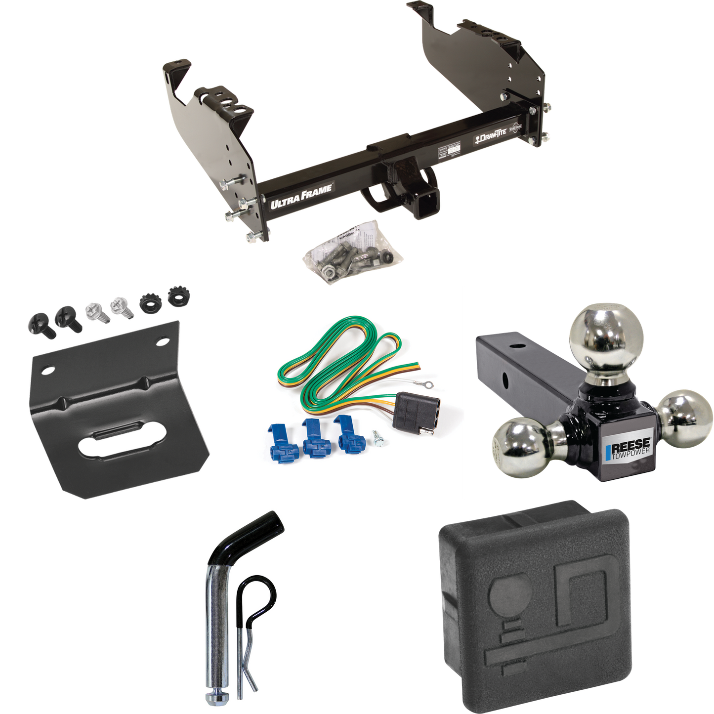 Fits 2003-2009 Chevrolet C5500 Kodiak Trailer Hitch Tow PKG w/ 4-Flat Wiring Harness + Triple Ball Ball Mount 1-7/8" & 2" & 2-5/16" Trailer Balls + Pin/Clip + Hitch Cover + Wiring Bracket (For Cab & Chassis, w/34" Wide Frames Models) By Draw-Tite