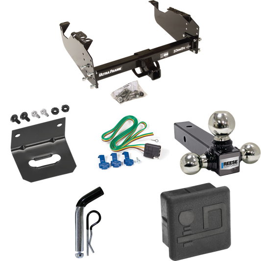 Fits 2003-2009 Chevrolet C5500 Kodiak Trailer Hitch Tow PKG w/ 4-Flat Wiring Harness + Triple Ball Ball Mount 1-7/8" & 2" & 2-5/16" Trailer Balls + Pin/Clip + Hitch Cover + Wiring Bracket (For Cab & Chassis, w/34" Wide Frames Models) By Draw-Tite