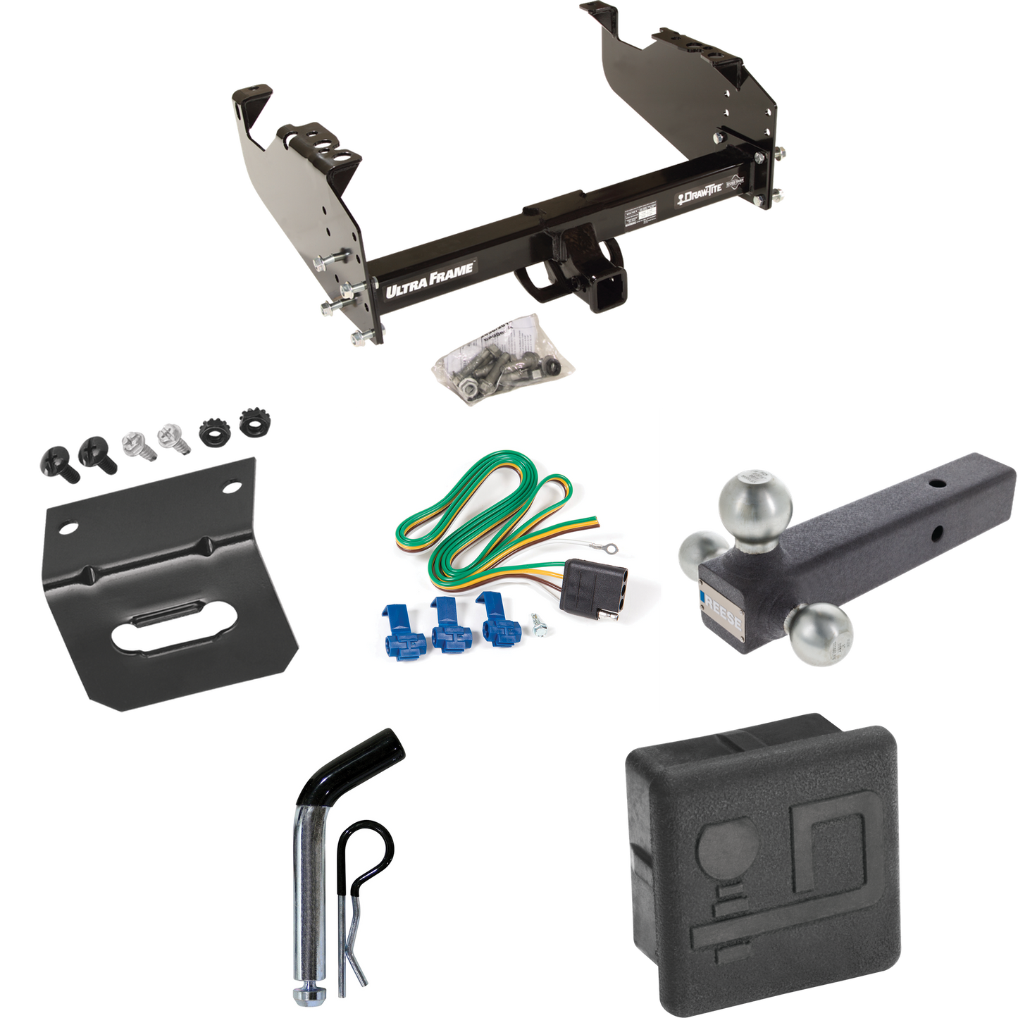 Fits 1963-1972 Chevrolet K10 Trailer Hitch Tow PKG w/ 4-Flat Wiring Harness + Triple Ball Ball Mount 1-7/8" & 2" & 2-5/16" Trailer Balls + Pin/Clip + Hitch Cover + Wiring Bracket By Draw-Tite