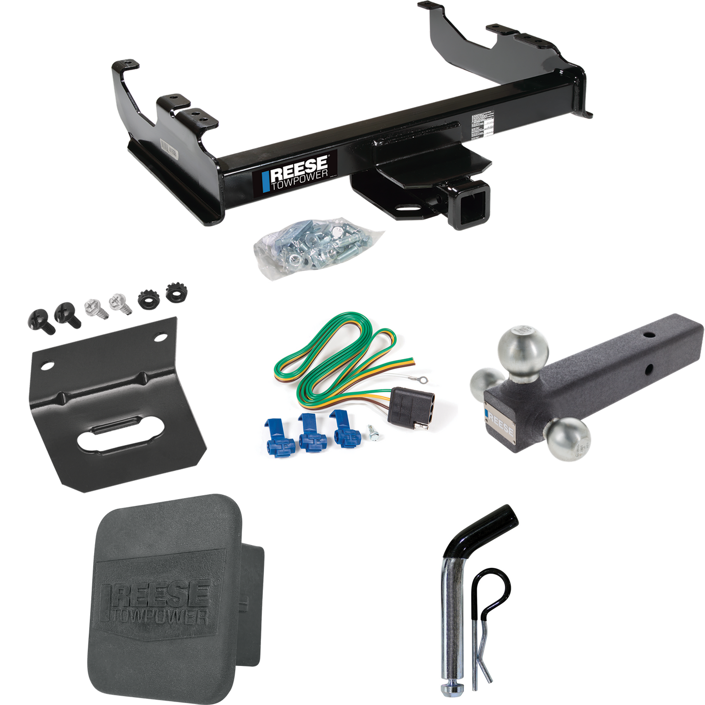 Fits 1988-1999 GMC K1500 Trailer Hitch Tow PKG w/ 4-Flat Wiring Harness + Triple Ball Ball Mount 1-7/8" & 2" & 2-5/16" Trailer Balls + Pin/Clip + Hitch Cover + Wiring Bracket (For w/34" Wide Frames Models) By Reese Towpower