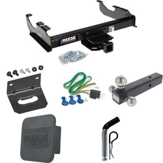 Fits 1988-1999 GMC K1500 Trailer Hitch Tow PKG w/ 4-Flat Wiring Harness + Triple Ball Ball Mount 1-7/8" & 2" & 2-5/16" Trailer Balls + Pin/Clip + Hitch Cover + Wiring Bracket (For w/34" Wide Frames Models) By Reese Towpower